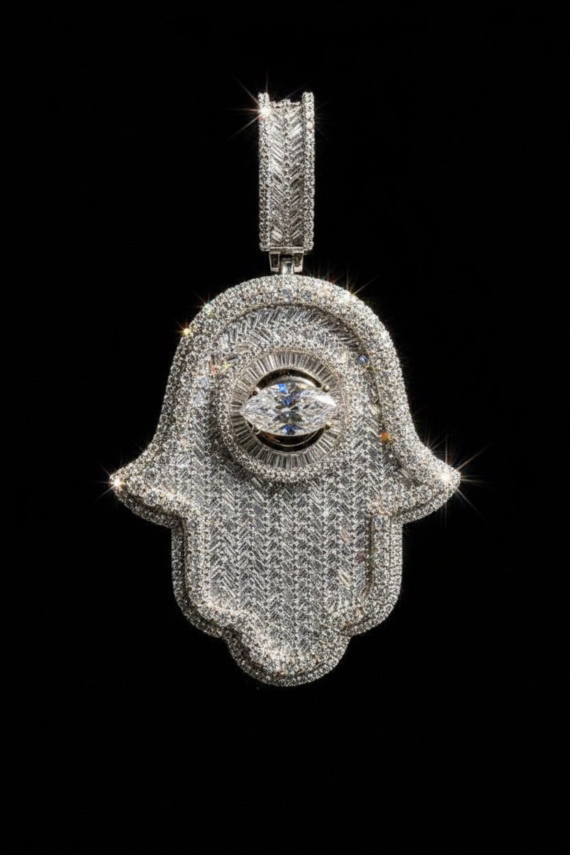 TabbyIced Hamsa Hand Evil Eye Pendant – Silver Moissanite Diamond